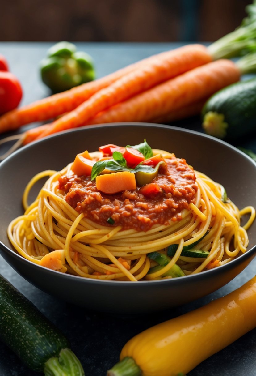 A bowl of spaghetti topped with a rich, red veggie sauce, surrounded by colorful vegetables like carrots, bell peppers, and zucchini