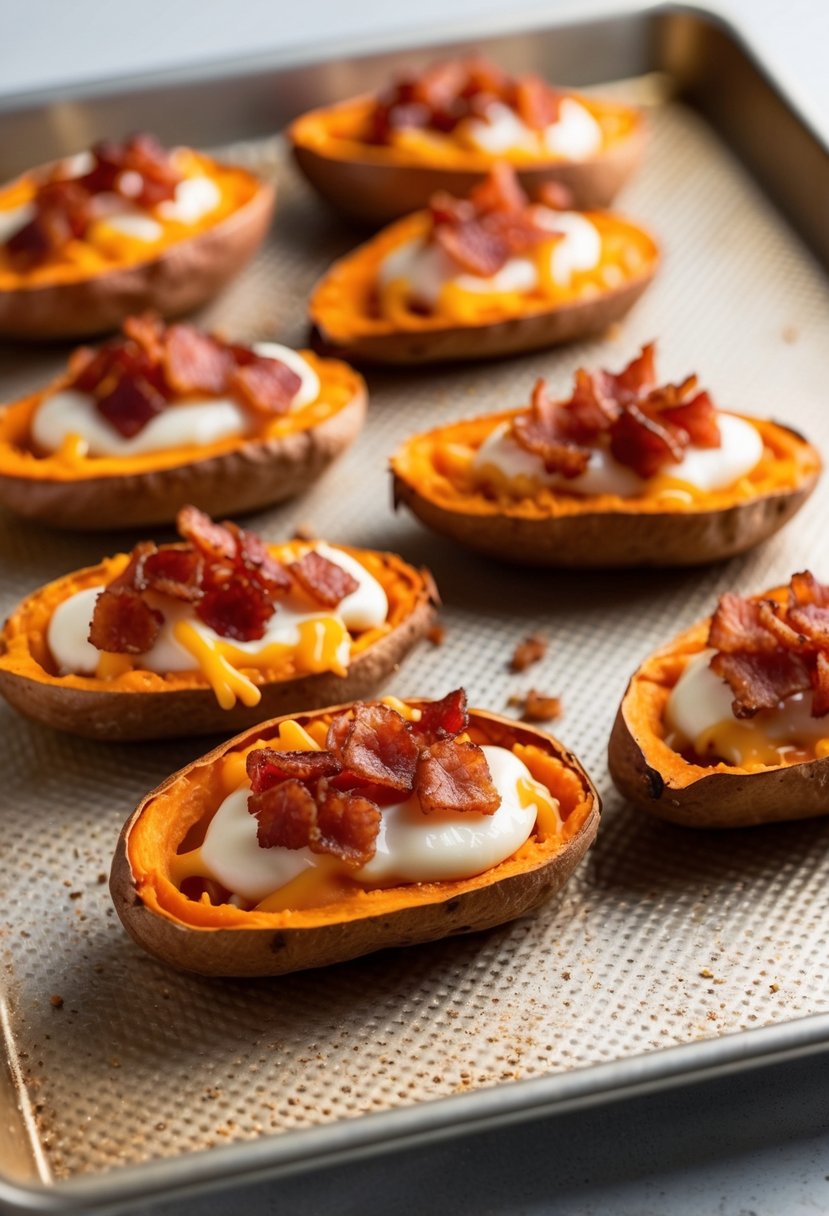 A baking sheet with golden brown sweet potato skins topped with cheese and crispy bacon bits