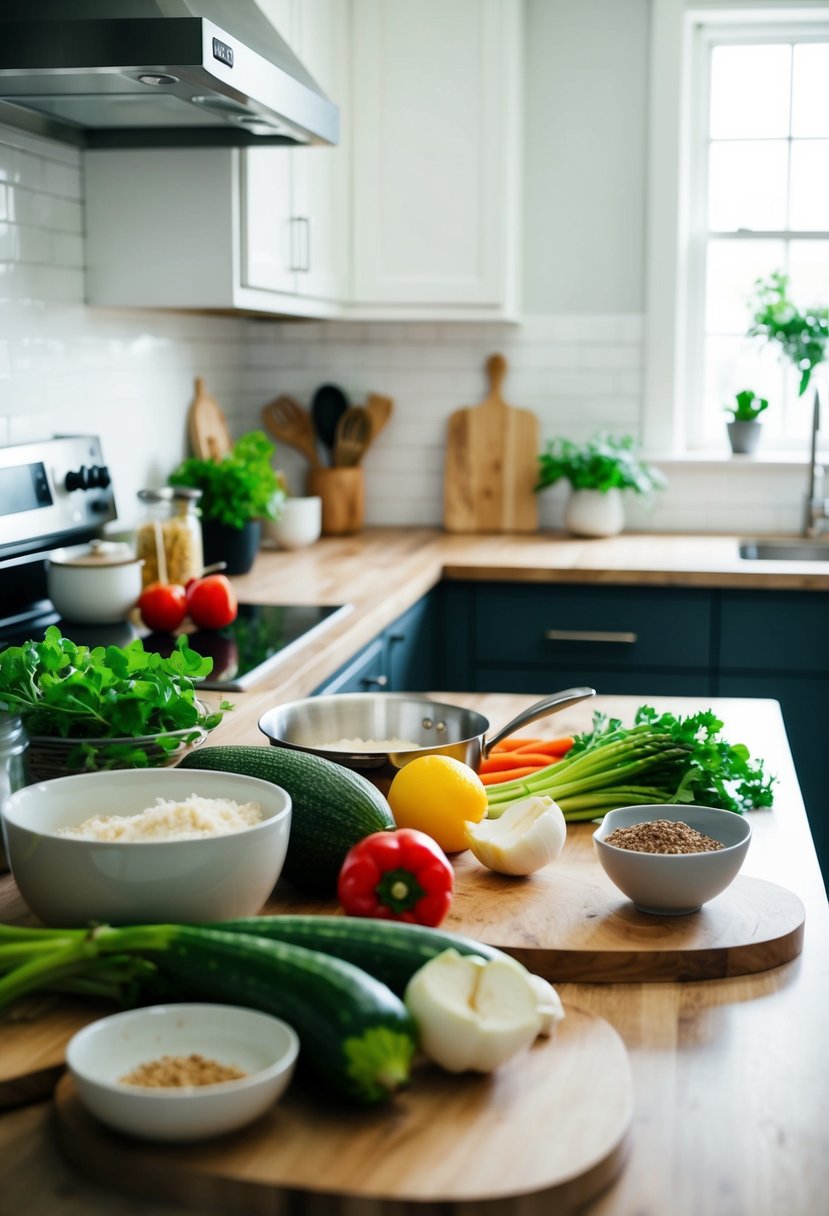 A clutter-free kitchen counter with fresh ingredients and cooking utensils ready for a simple recipe