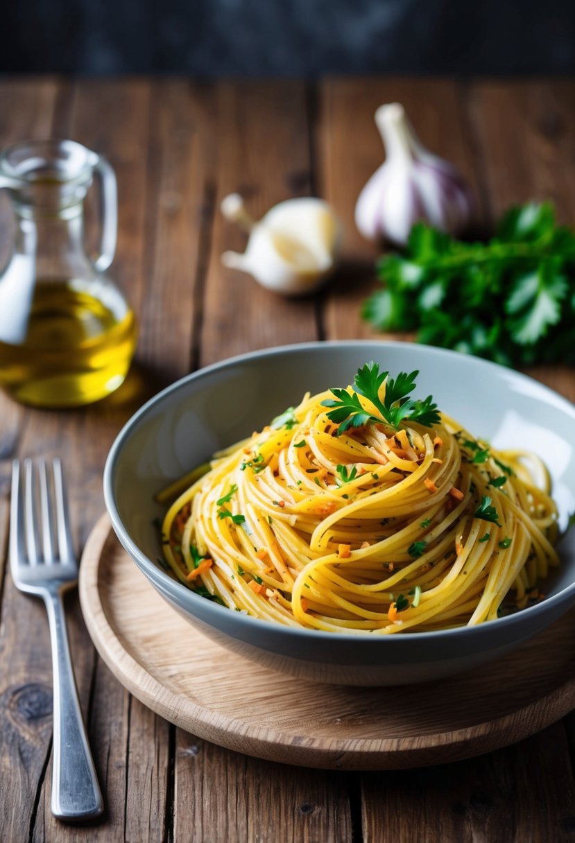 A rustic kitchen scene with a wooden table set with a bowl of spaghetti tossed in olive oil, garlic, and red pepper flakes, garnished with parsley