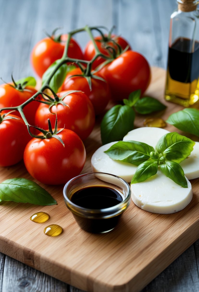 A wooden cutting board with fresh tomatoes, mozzarella, basil leaves, olive oil, and balsamic vinegar arranged for a Caprese salad