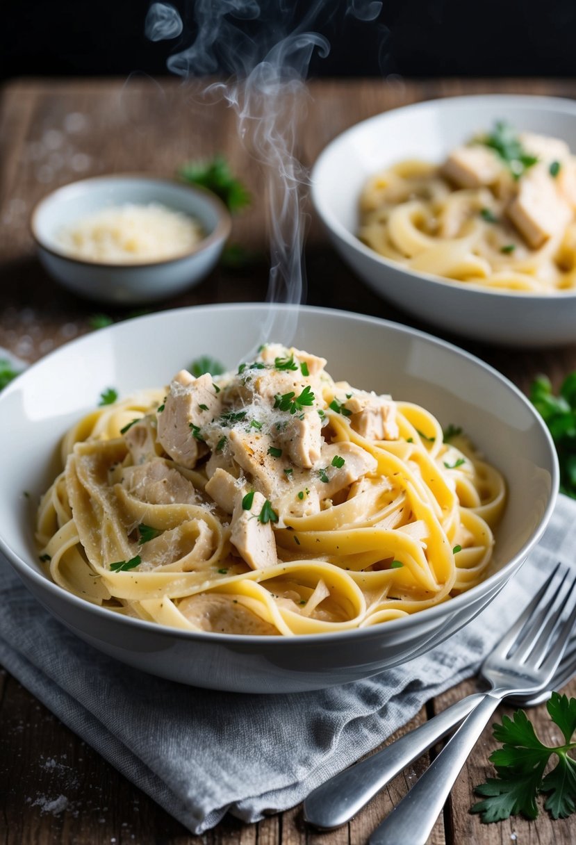 A steaming bowl of creamy Chicken Alfredo with fettuccine, topped with freshly grated parmesan and chopped parsley, served on a rustic wooden table