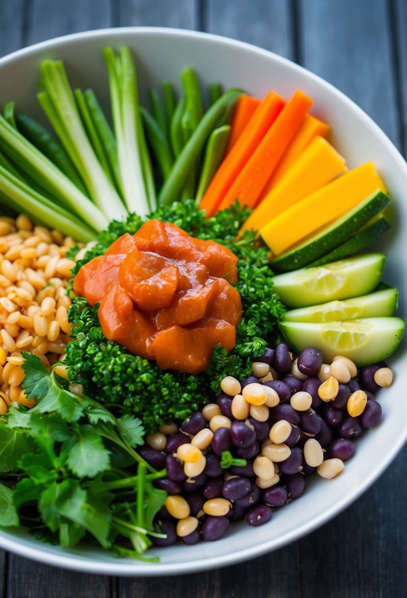 A colorful array of fresh vegetables, grains, and legumes arranged in a bowl, topped with a vibrant sauce