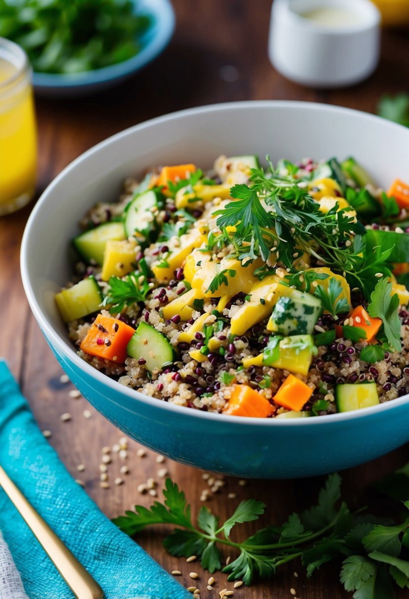 A colorful bowl filled with quinoa, mixed vegetables, and a zesty dressing, garnished with fresh herbs and a sprinkle of seeds