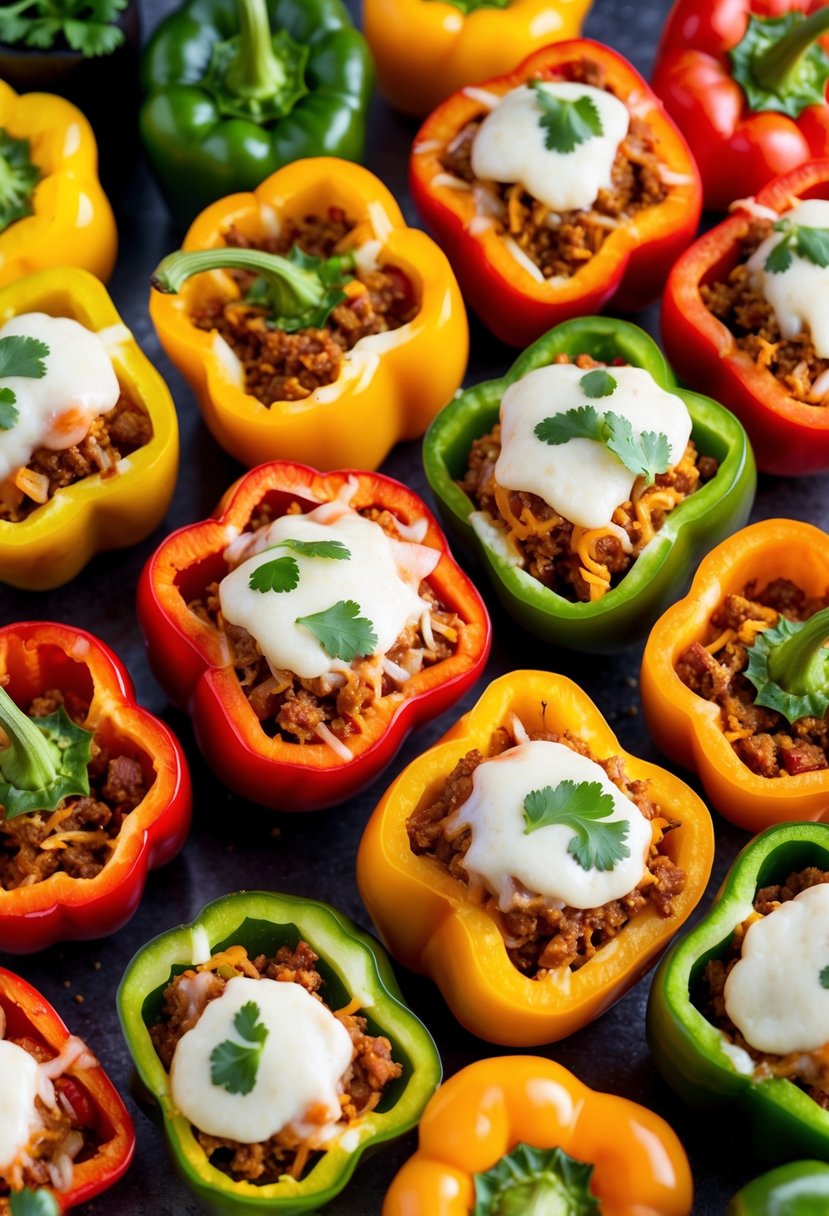 A colorful array of halved bell peppers filled with a savory mixture of rice, ground meat, and spices, topped with melted cheese