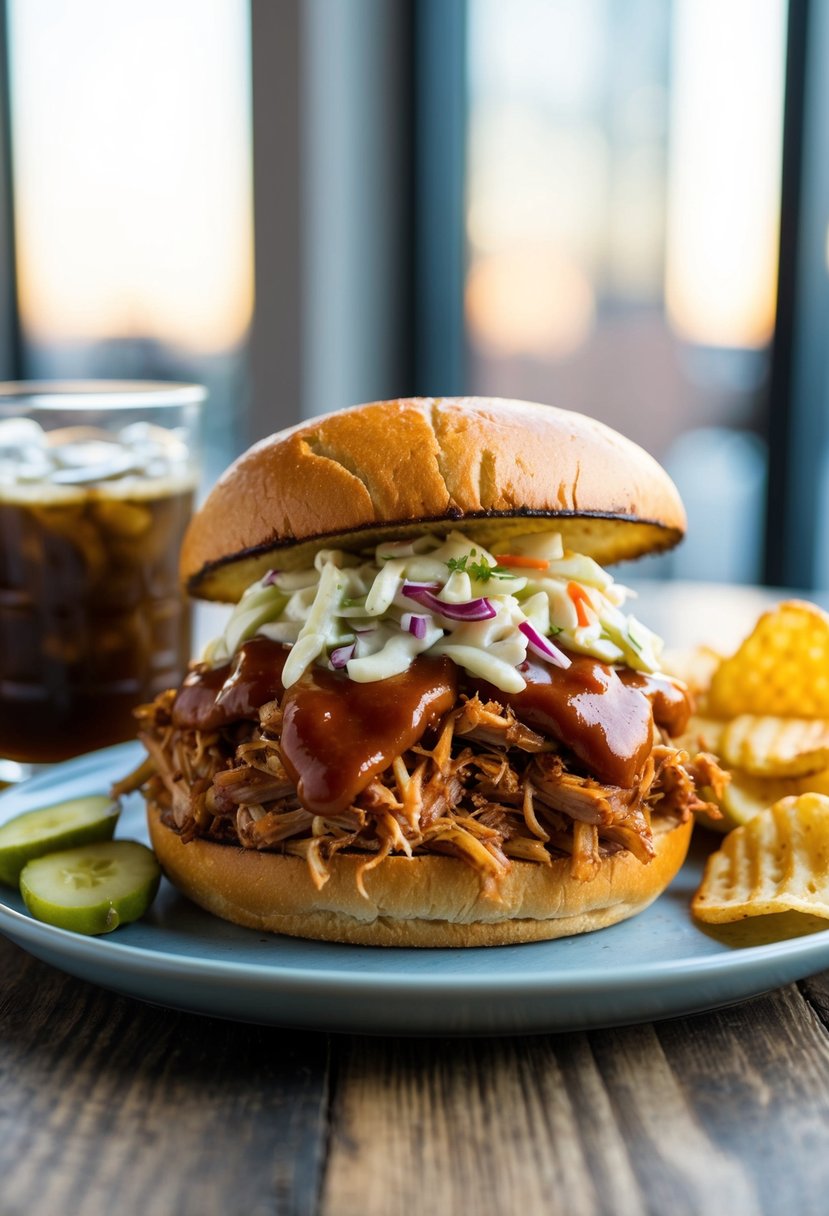 A succulent pulled pork sandwich with BBQ sauce, topped with coleslaw, served on a toasted bun, accompanied by a side of pickles and potato chips