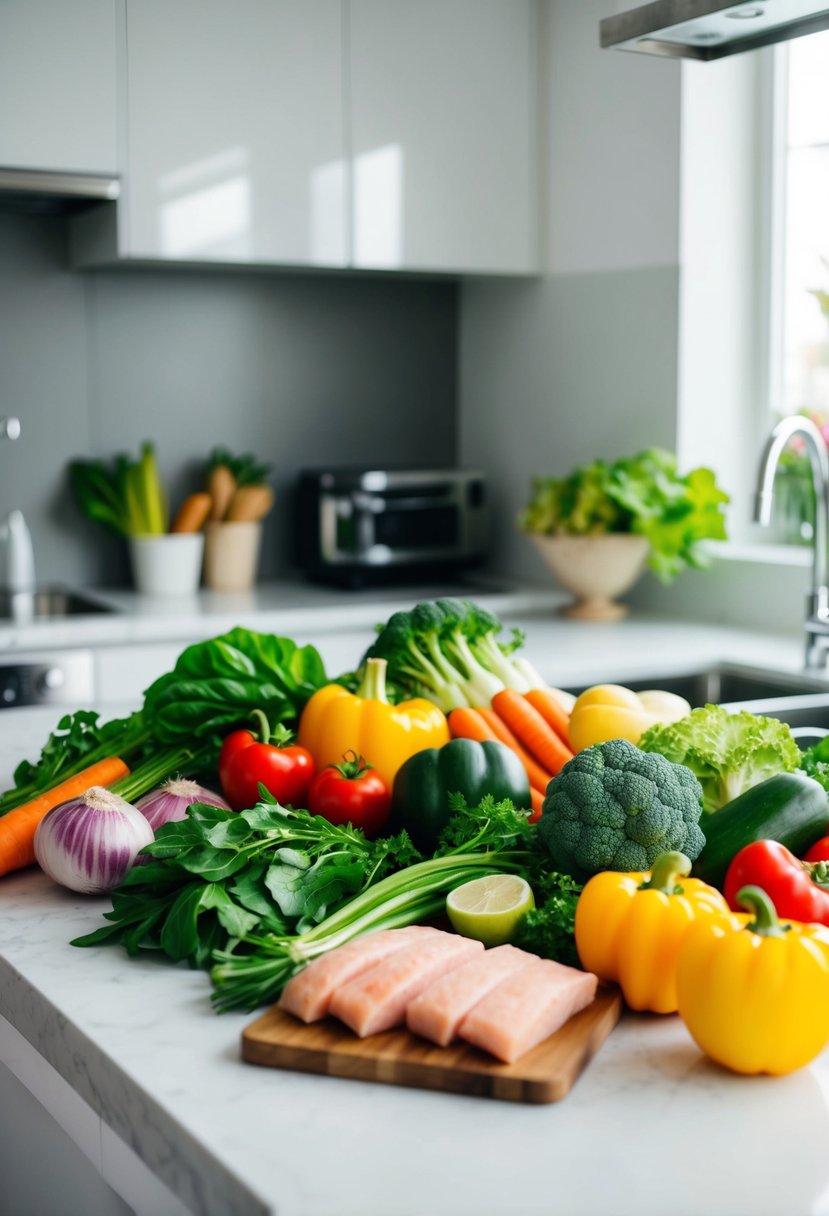 A colorful assortment of fresh vegetables and lean proteins arranged on a clean, modern kitchen countertop