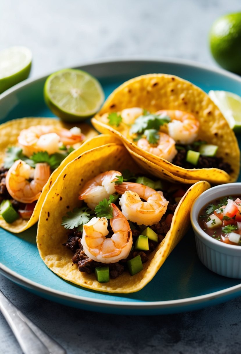 A plate of shrimp tacos with fresh toppings and a side of salsa and lime