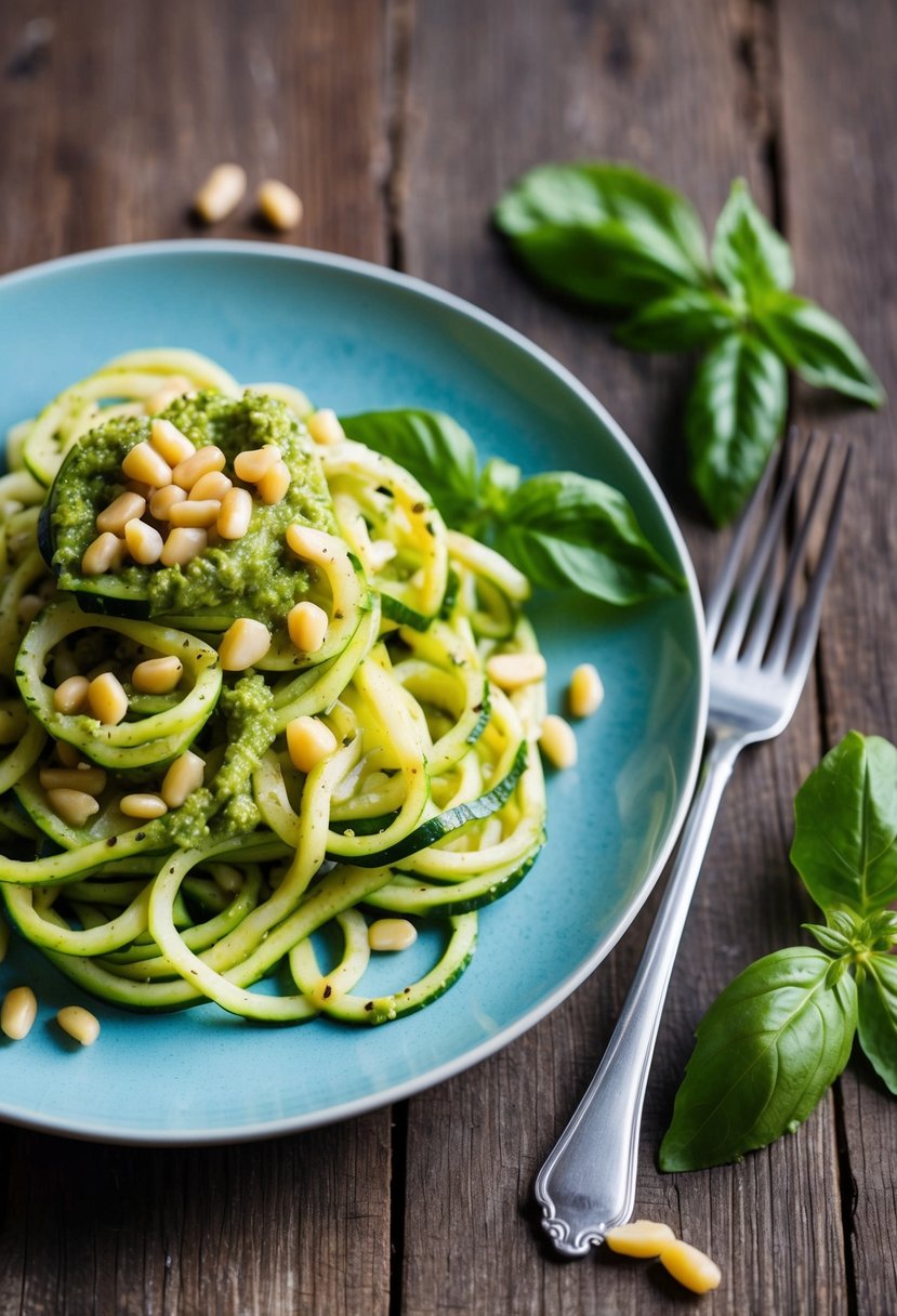 A plate of zucchini noodles topped with pesto sauce, garnished with pine nuts and fresh basil leaves, sits on a rustic wooden table