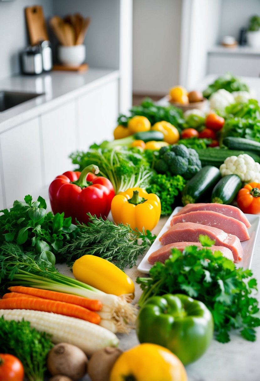 A colorful array of fresh vegetables, herbs, and lean proteins arranged on a clean, modern kitchen counter