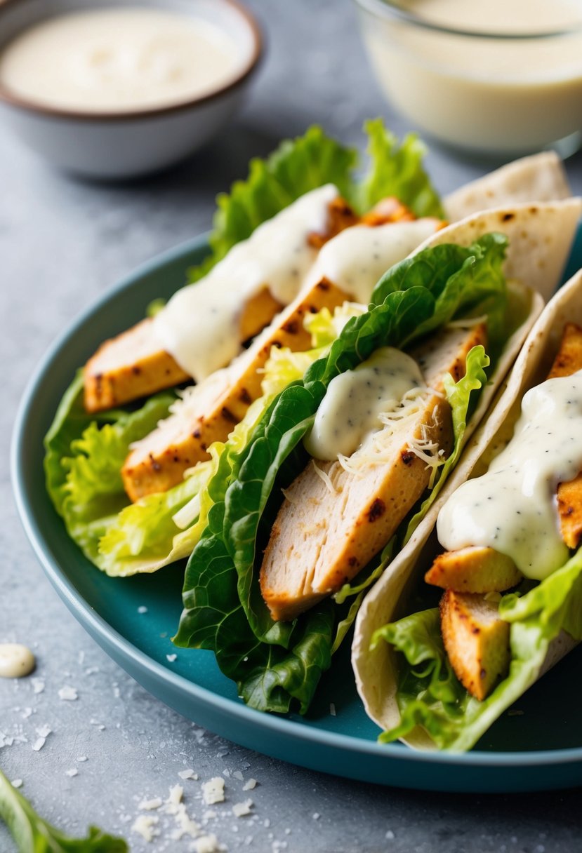 A colorful array of fresh romaine lettuce, grilled chicken, parmesan cheese, and Caesar dressing, all wrapped in a soft flour tortilla