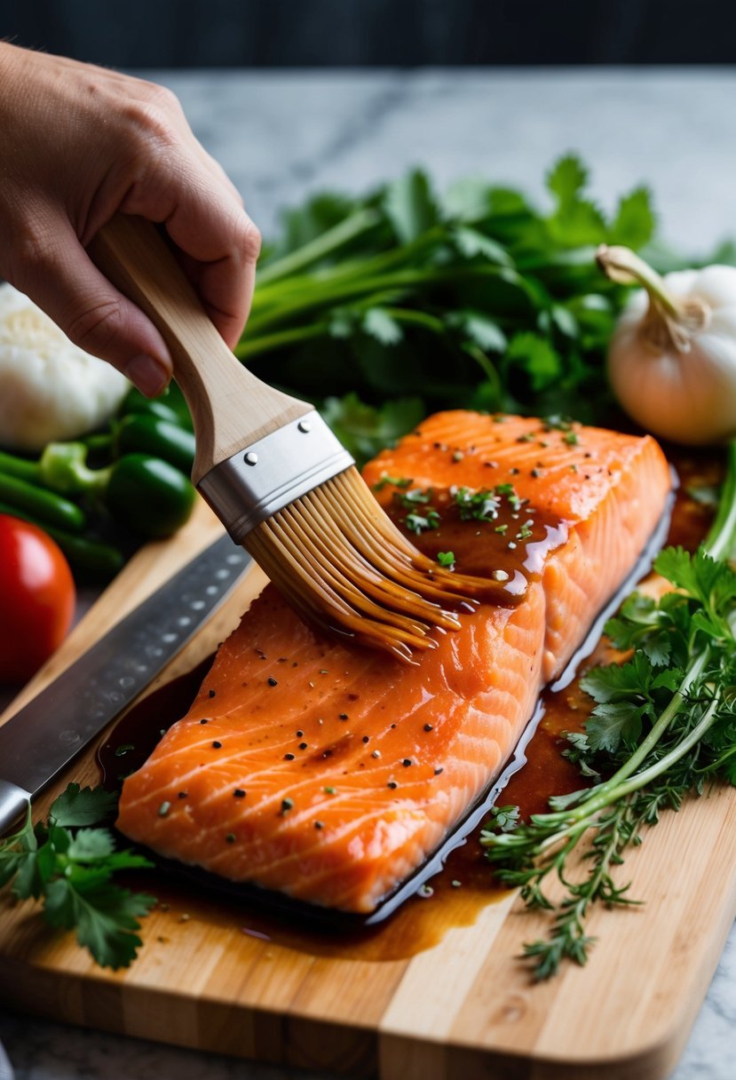 A fillet of salmon being brushed with a miso maple glaze, surrounded by fresh vegetables and herbs on a cutting board