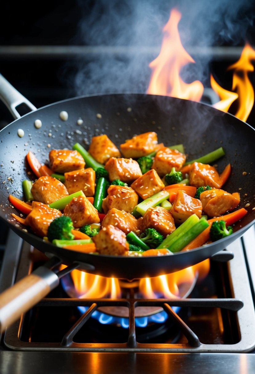 A sizzling wok filled with colorful vegetables and chunks of juicy teriyaki chicken cooking over a high flame