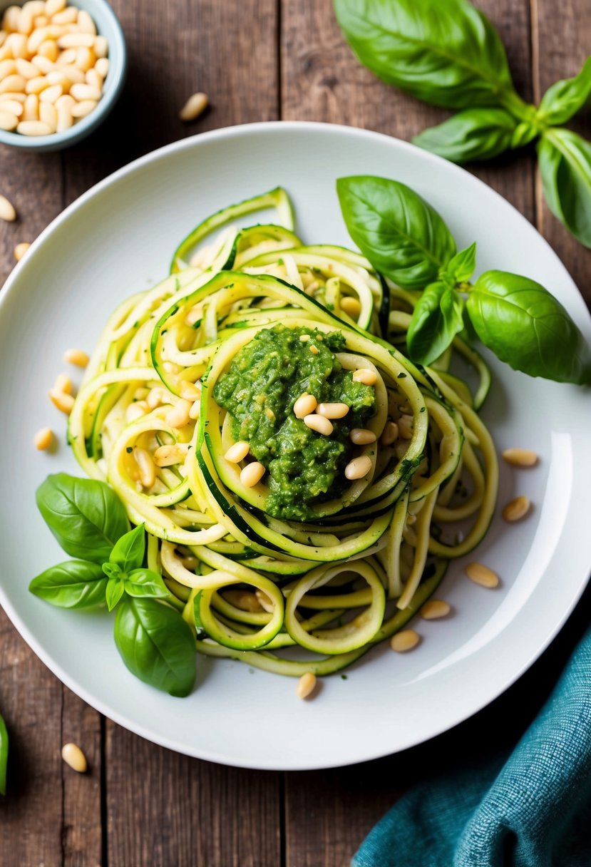 A plate of zucchini noodles topped with vibrant green pesto, garnished with fresh basil leaves and pine nuts, set against a rustic wooden table