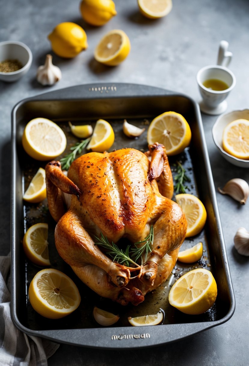 A whole roasted chicken surrounded by halved lemons and garlic cloves on a baking tray