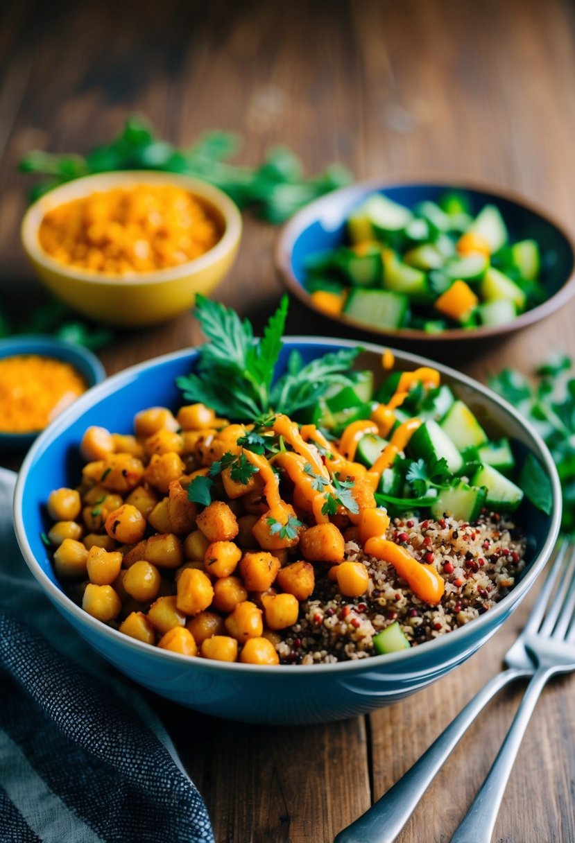 A colorful bowl filled with spicy chickpeas, quinoa, and fresh vegetables, garnished with herbs and a drizzle of sauce