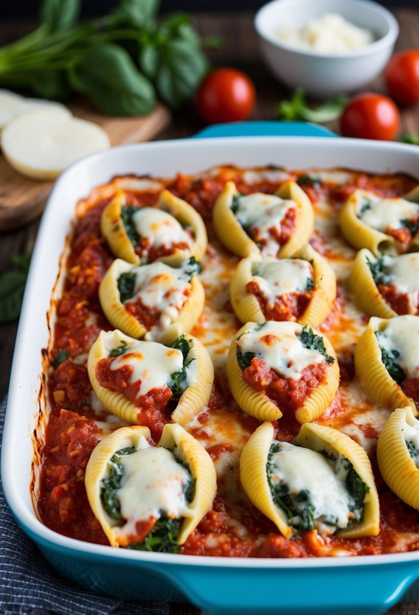 A baking dish filled with spinach and ricotta stuffed shells, topped with marinara sauce and melted cheese