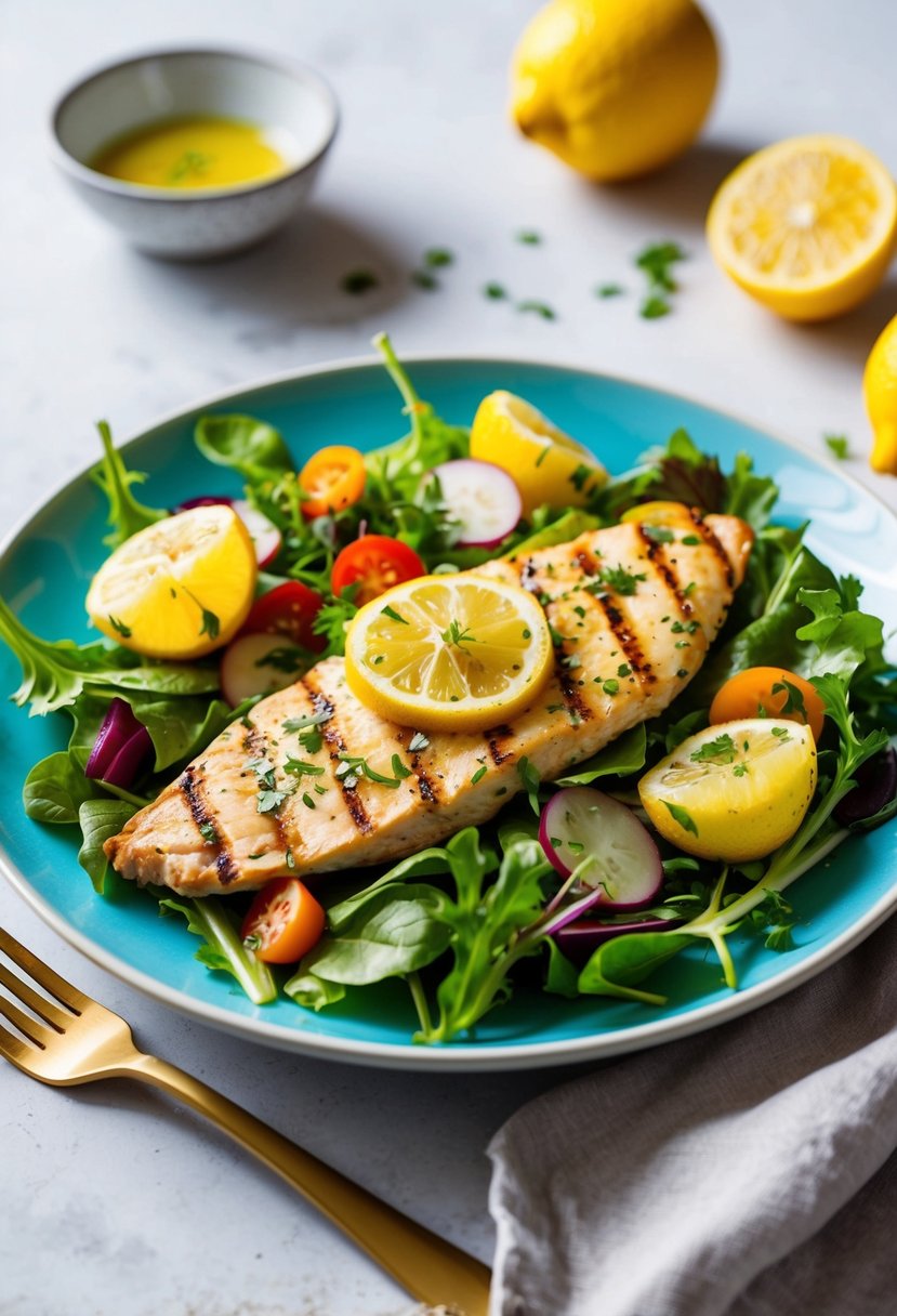 A colorful plate of grilled lemon herb chicken salad with fresh greens, vibrant vegetables, and a light vinaigrette dressing