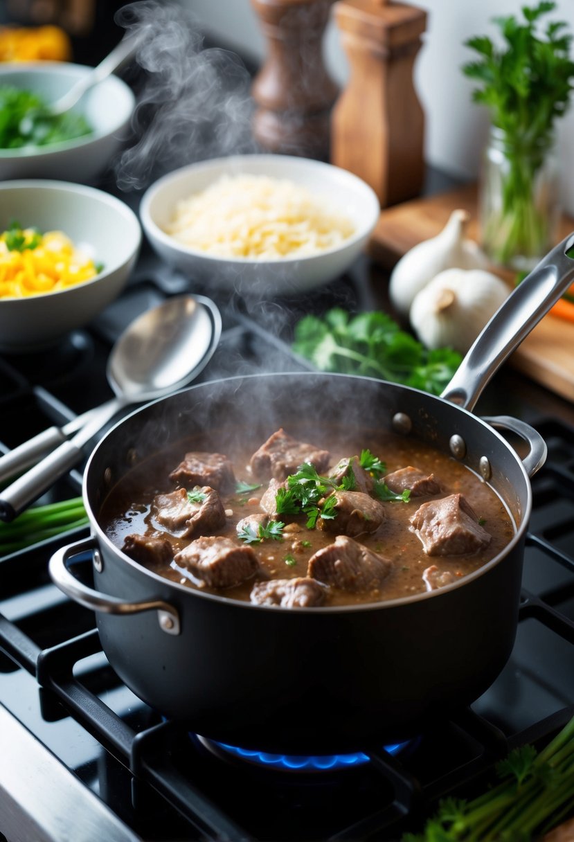 A steaming pot of beef stroganoff simmering on a stove, surrounded by fresh ingredients and cooking utensils