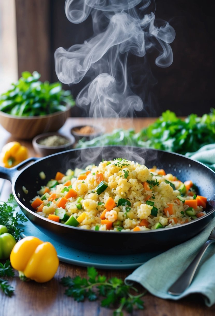 A sizzling skillet filled with colorful vegetables and cauliflower rice, steam rising, surrounded by fresh herbs and spices