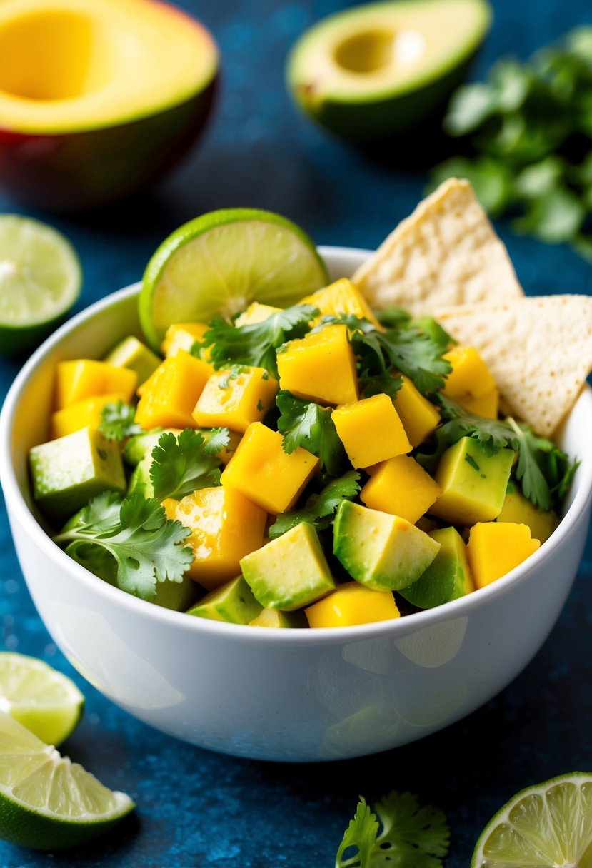 A vibrant bowl of diced mango, avocado, and cilantro, mixed together with lime juice and served with tortilla chips