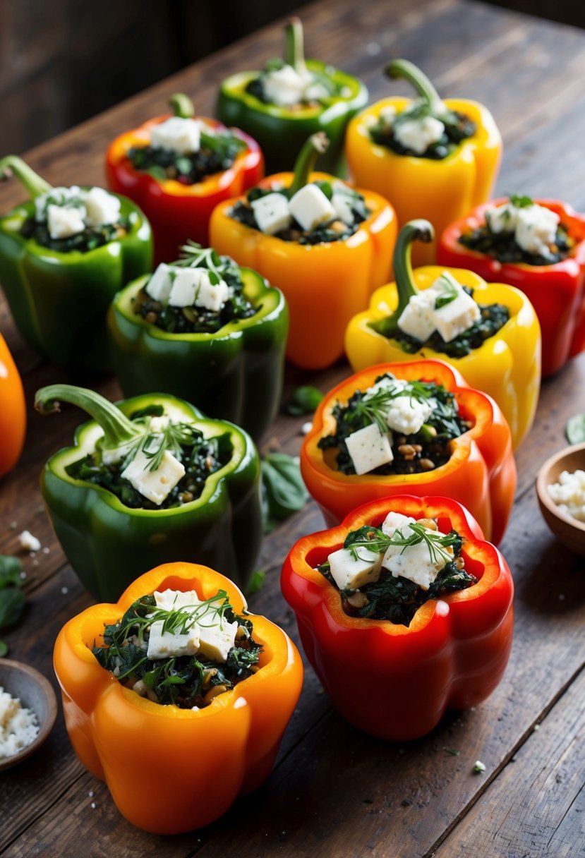 A colorful array of bell peppers, each filled with a vibrant mixture of spinach and feta, arranged on a rustic wooden table