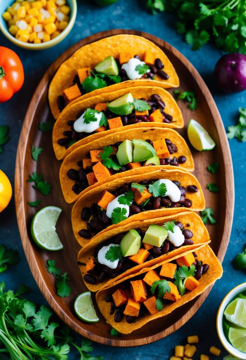 A colorful array of sweet potato and black bean tacos arranged on a wooden serving platter, surrounded by vibrant vegetables and fresh herbs