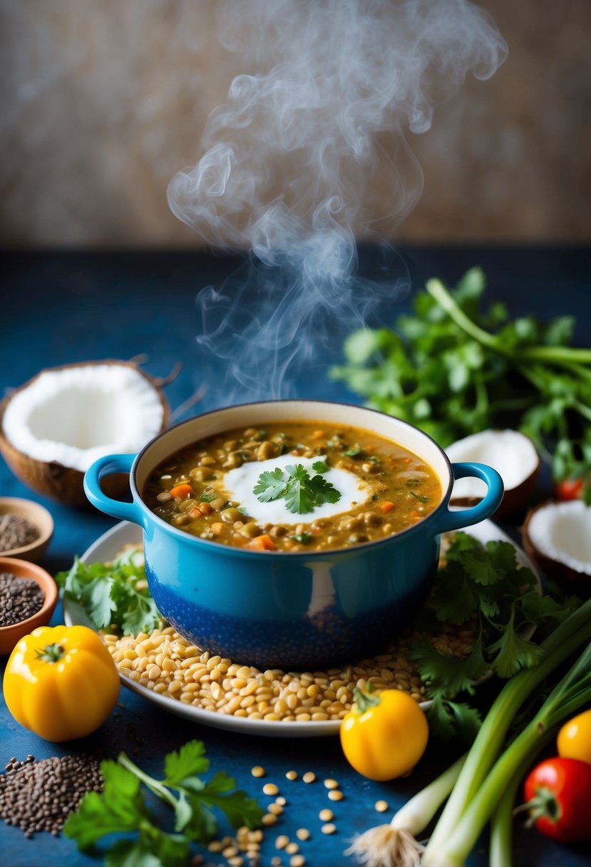 A steaming pot of coconut curry lentil soup surrounded by fresh ingredients like lentils, coconut milk, vegetables, and spices