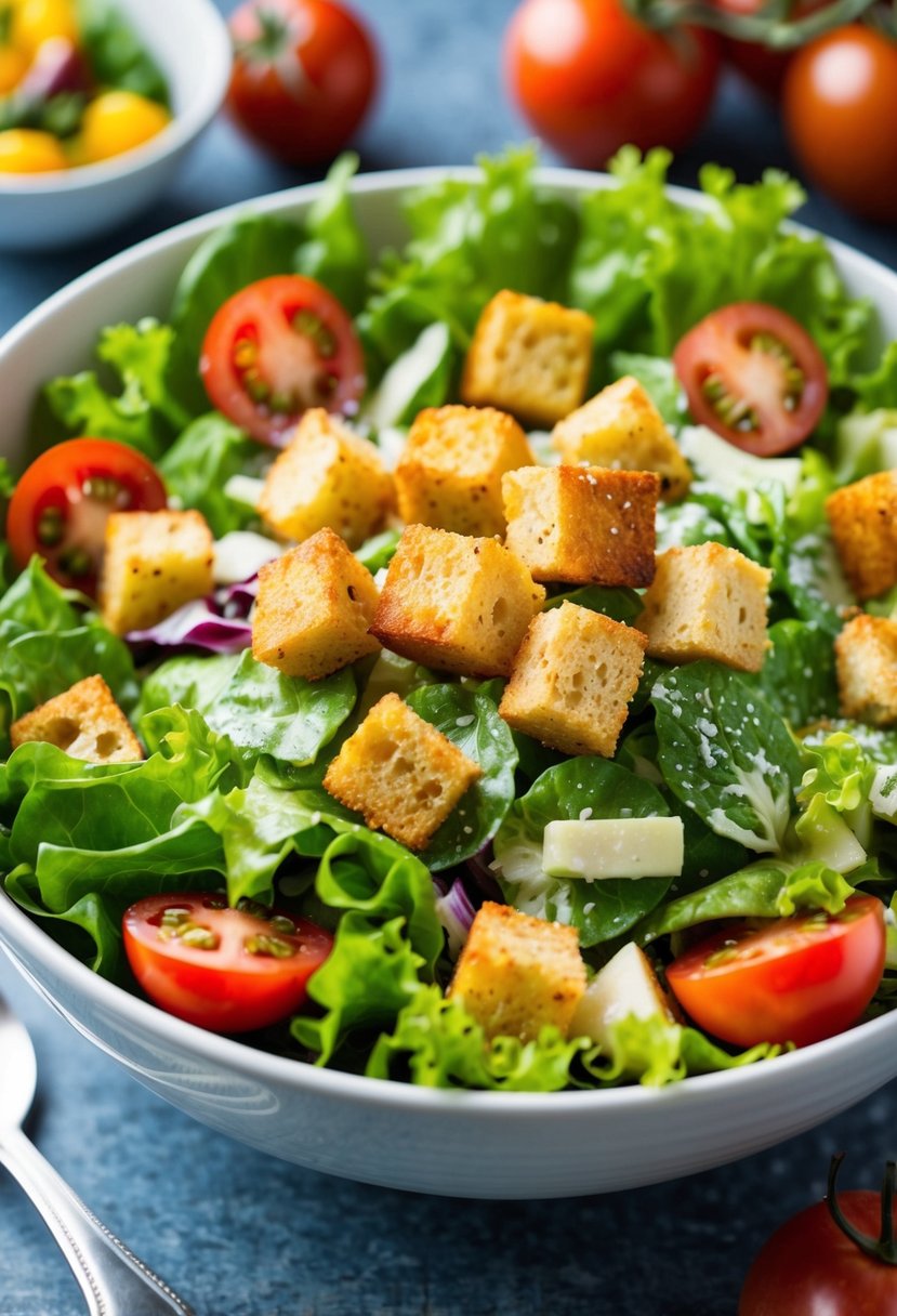 A bowl of vegan Caesar salad with croutons, surrounded by fresh lettuce, tomatoes, and other colorful vegetables