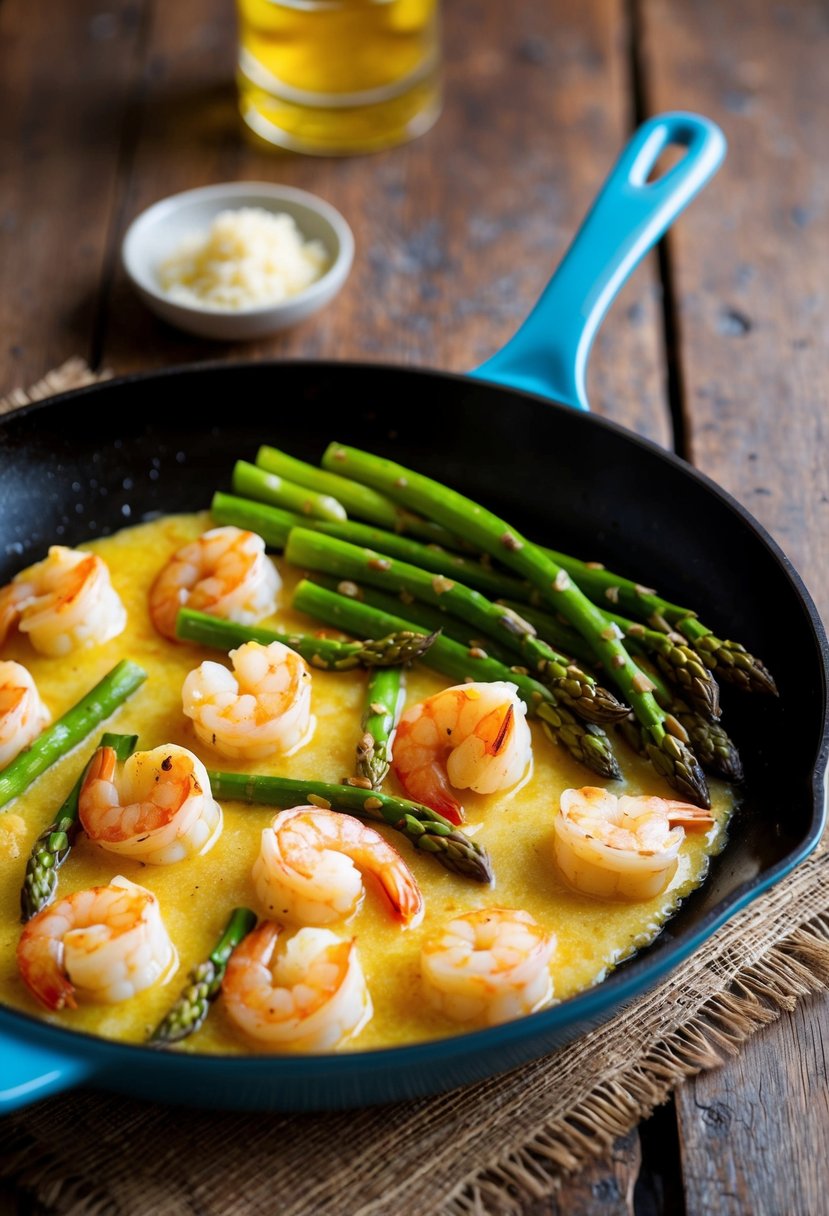 A sizzling skillet of garlic butter shrimp and asparagus on a rustic wooden table