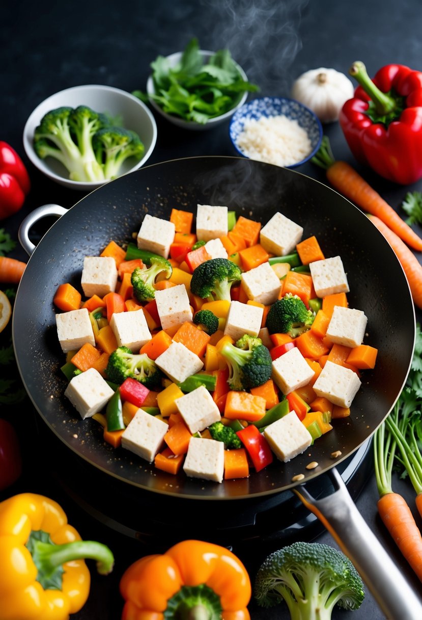 A sizzling wok filled with colorful vegetables and cubes of tofu, surrounded by an array of fresh ingredients like bell peppers, broccoli, and carrots