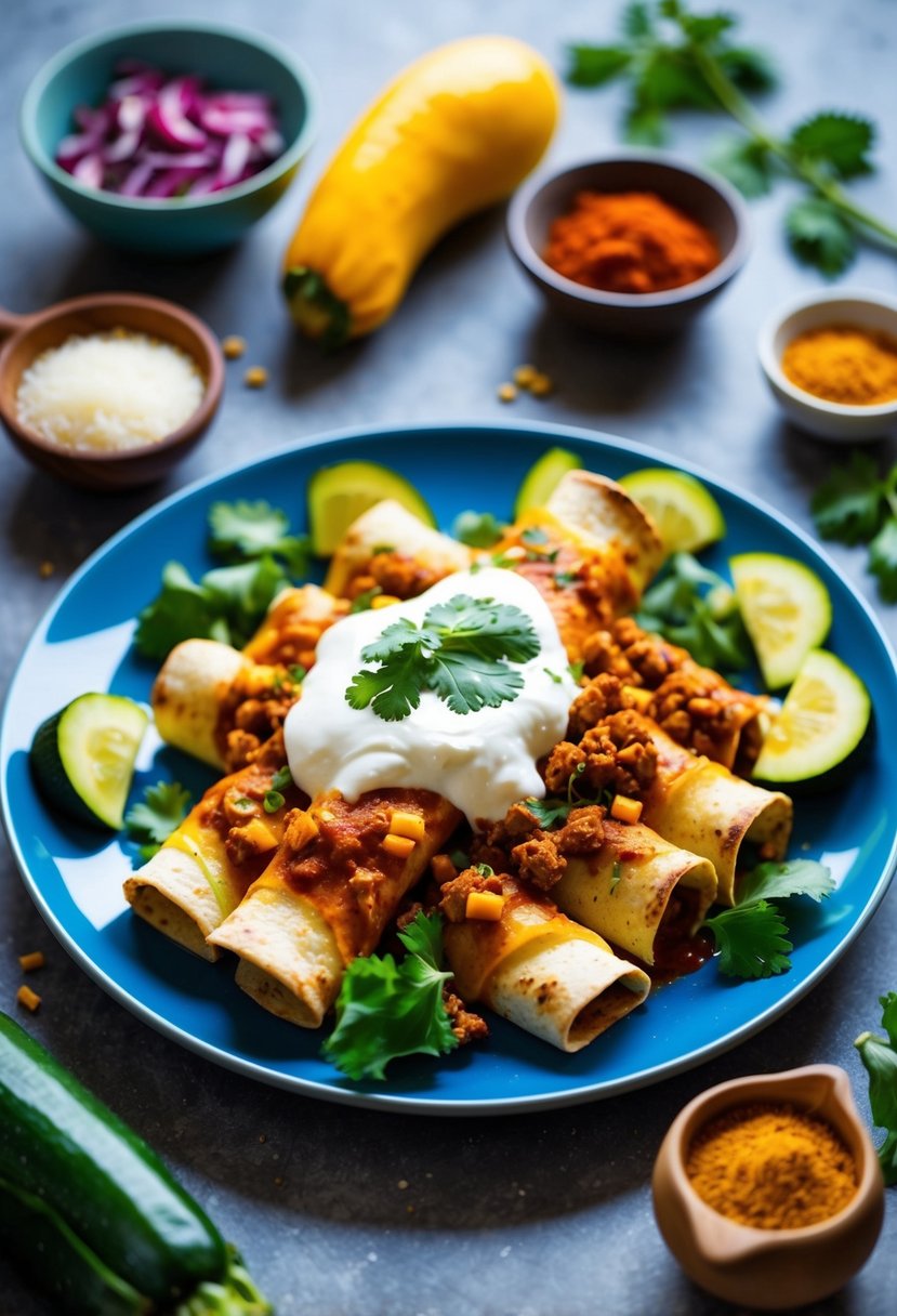 A colorful plate of keto chicken enchiladas with zucchini, surrounded by fresh ingredients and spices