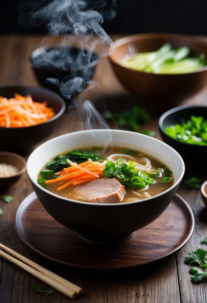 A steaming bowl of pork and vegetable ramen sits on a wooden table, surrounded by fresh ingredients and chopsticks