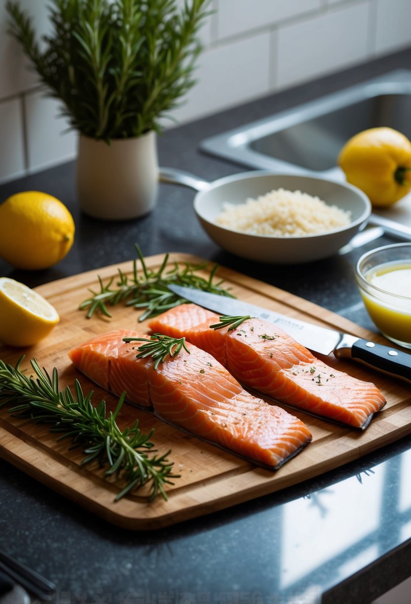 A kitchen counter with a cutting board, knife, fresh rosemary, and salmon fillets. Ingredients for carb-free recipes are neatly arranged