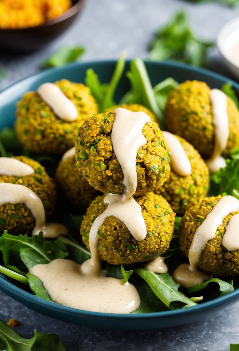 Golden falafel balls surrounded by fresh greens, drizzled with creamy tahini sauce