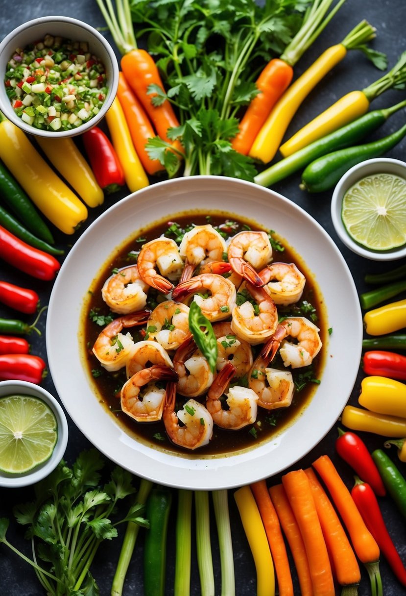 A plate of sizzling chili lime shrimp surrounded by colorful vegetables and garnished with fresh herbs