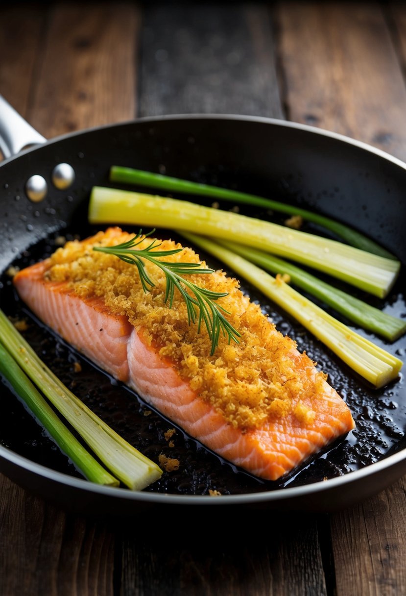 A succulent salmon fillet, coated in a golden horseradish crust, sizzling on a skillet alongside crispy leeks