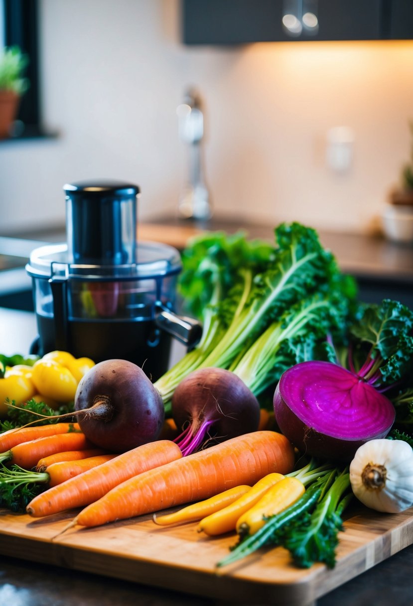 A colorful array of fresh vegetables, such as carrots, beets, and kale, sitting on a wooden cutting board with a juicer nearby