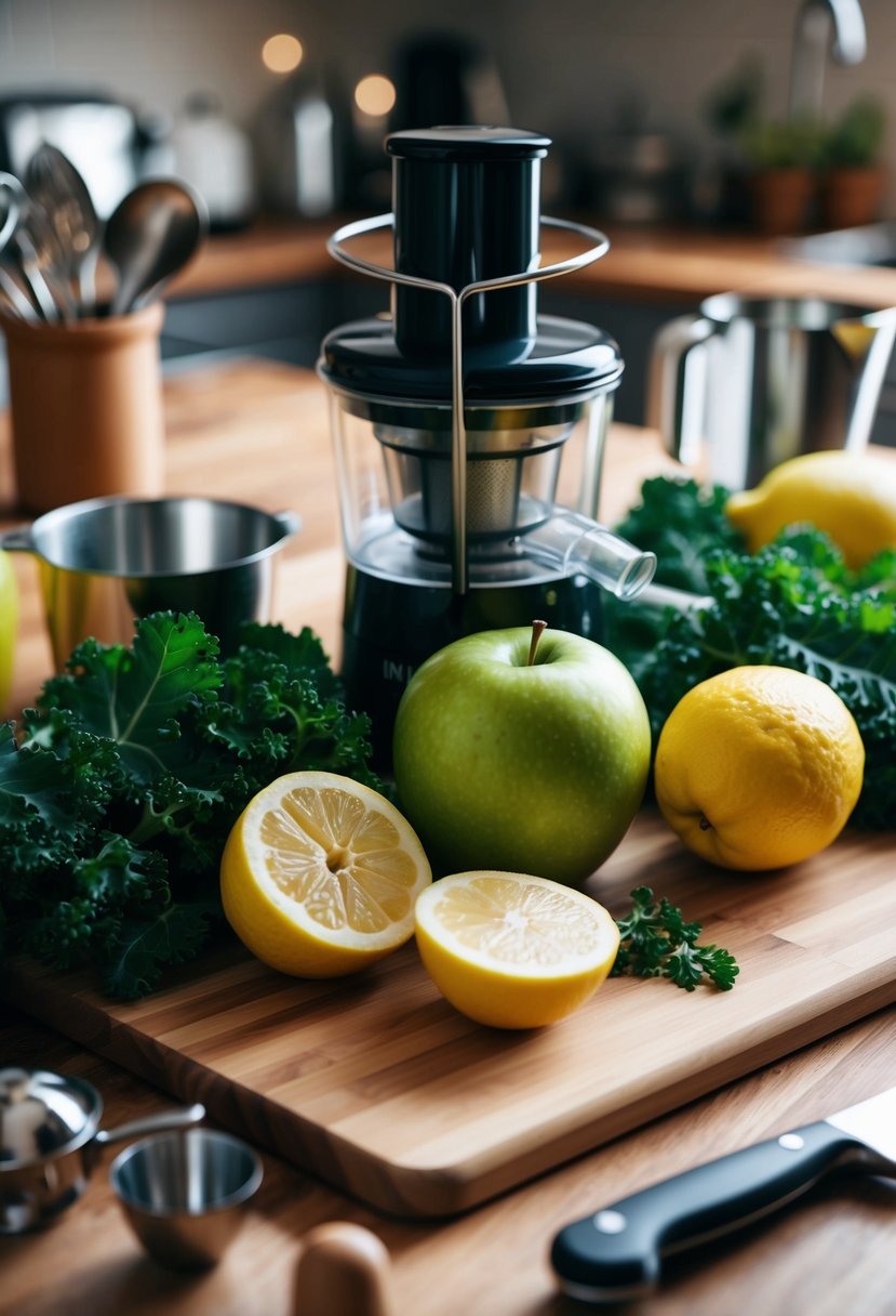 A green apple, kale, and lemon sit on a wooden cutting board surrounded by a juicer and various kitchen utensils