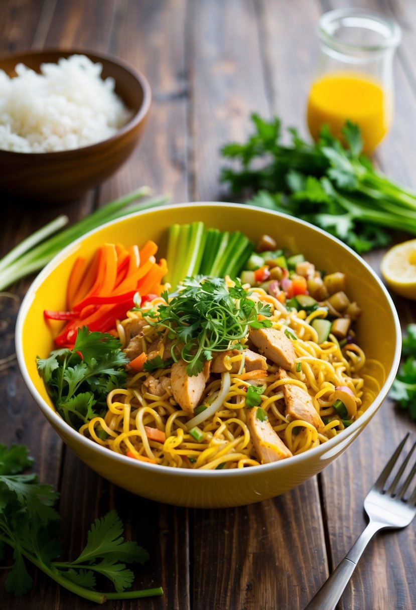 A colorful bowl of Chicken Galbi Noodle Salad surrounded by fresh vegetables and herbs on a wooden table