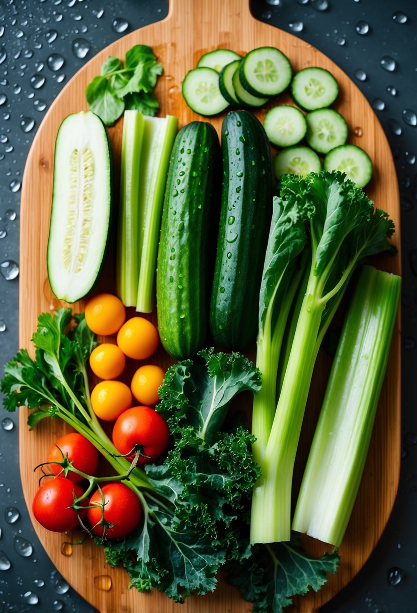 A colorful array of fresh cucumber, celery, and kale arranged on a wooden cutting board, surrounded by scattered droplets of water