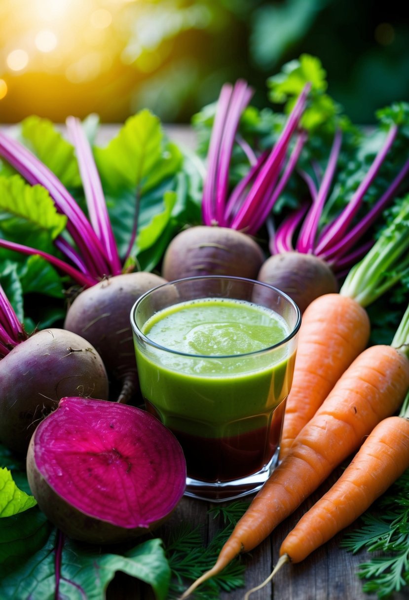 A colorful array of fresh beetroot and carrots, surrounded by vibrant green leaves and a clear glass filled with refreshing vegetable juice