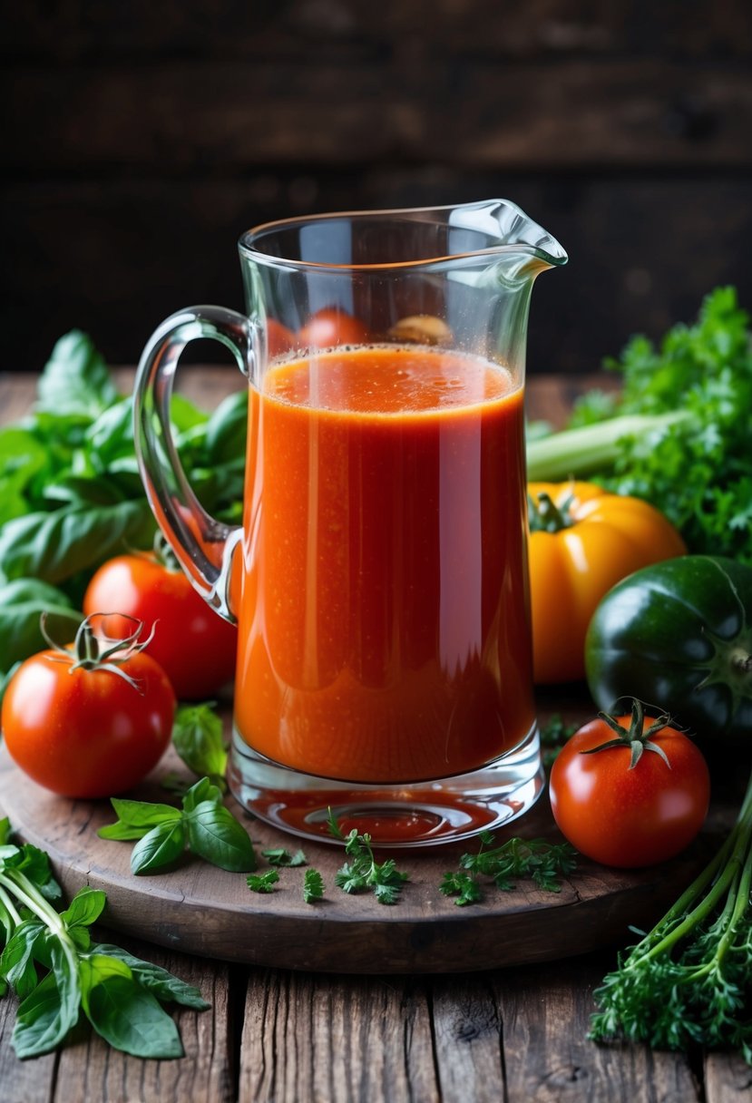 A glass pitcher filled with vibrant red tomato-vegetable juice surrounded by fresh produce and herbs on a rustic wooden table