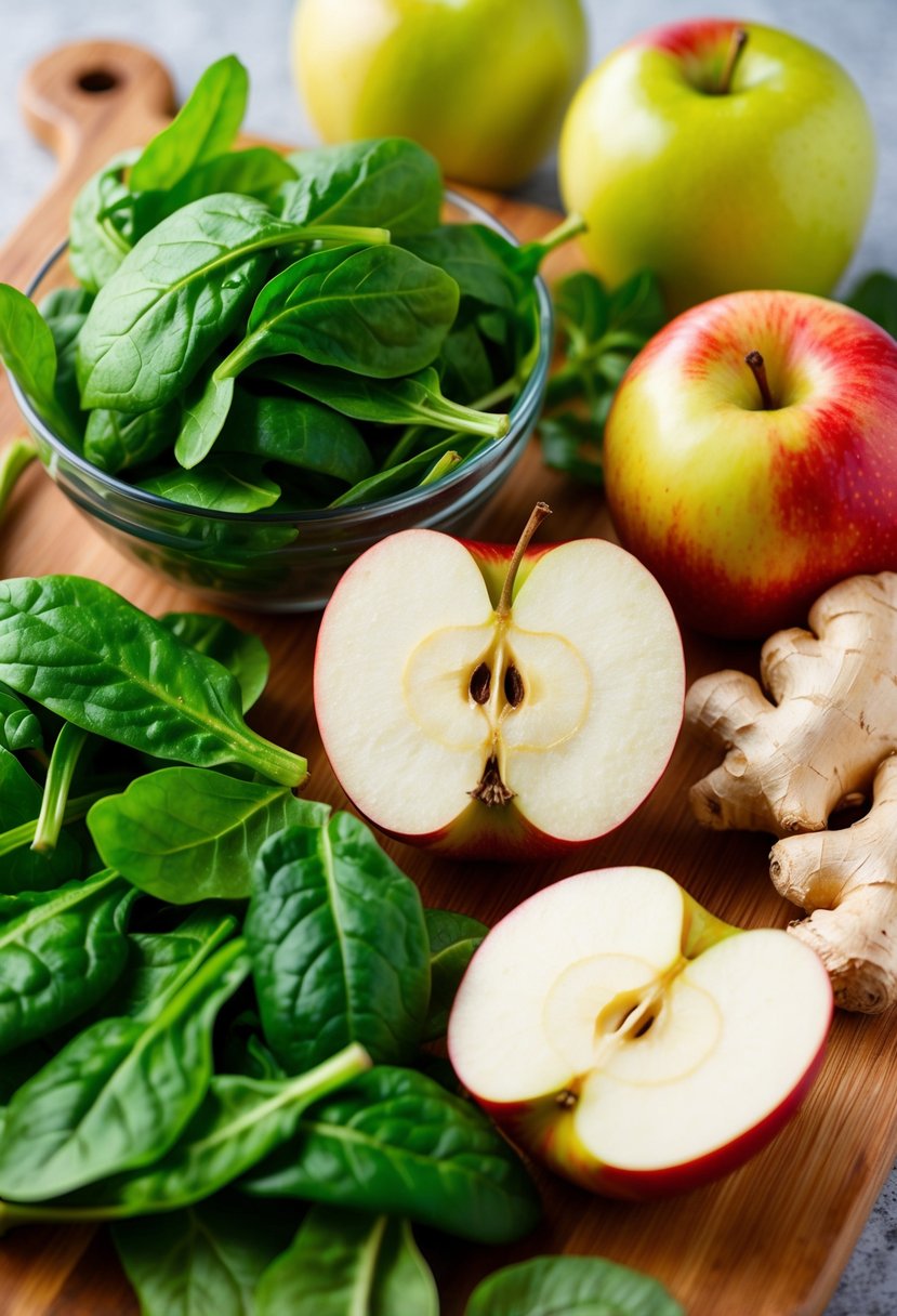 A vibrant assortment of fresh spinach, crisp apples, and zesty ginger displayed on a wooden cutting board, ready to be juiced