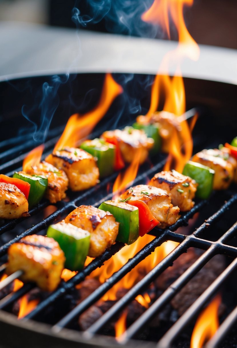 A sizzling grill with skewers of marinated chicken and colorful vegetables cooking over the flames, emitting mouthwatering aromas