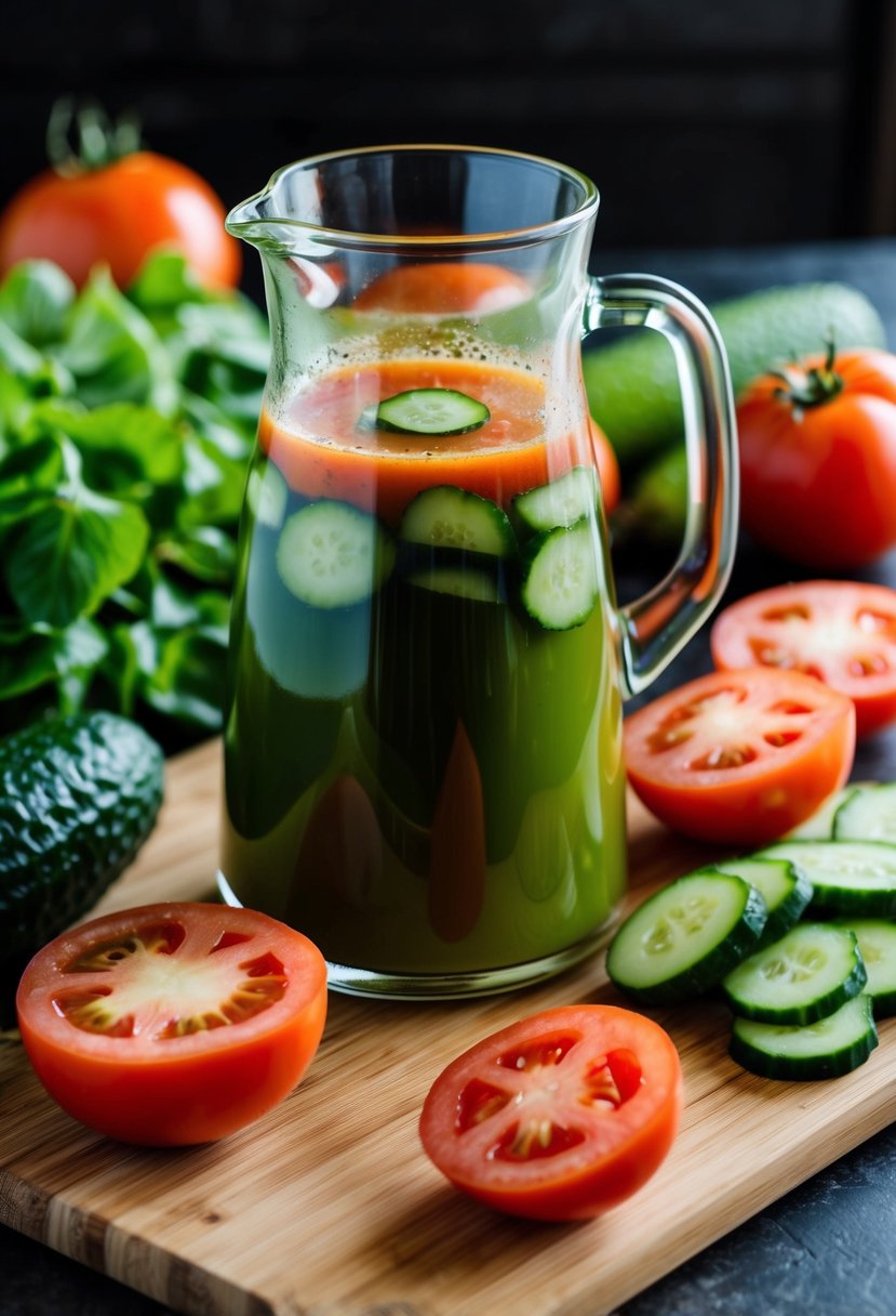 A glass pitcher filled with tomato-cucumber juice surrounded by fresh vegetables and a cutting board with sliced tomatoes and cucumbers