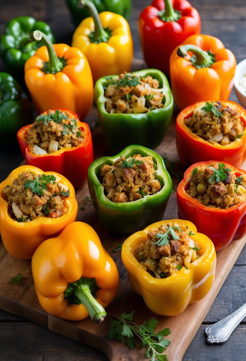 A colorful array of fresh bell peppers filled with savory Mediterranean turkey and herb stuffing, arranged on a rustic wooden cutting board