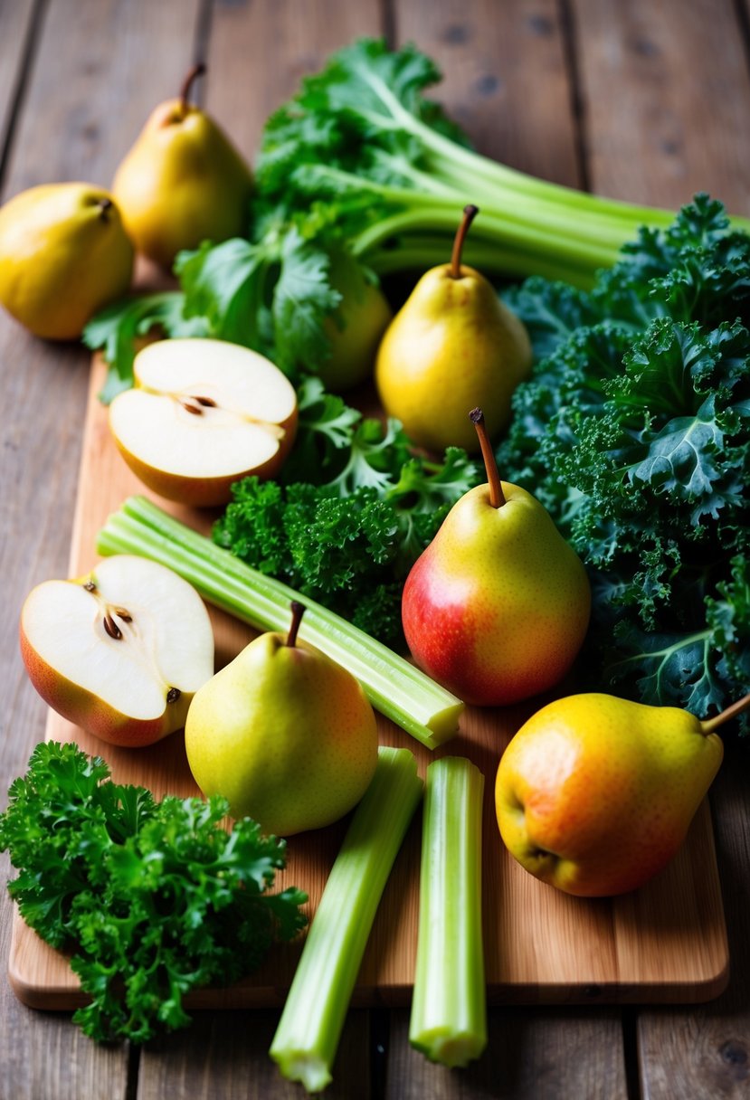 A colorful array of fresh produce including pears, celery, and kale arranged on a wooden cutting board