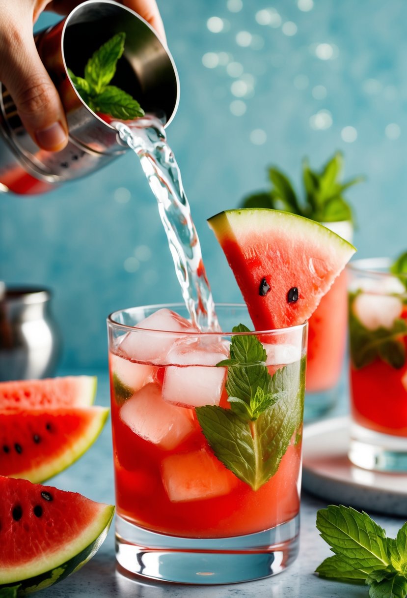 A refreshing watermelon and mint summer drink being poured into a glass with ice cubes