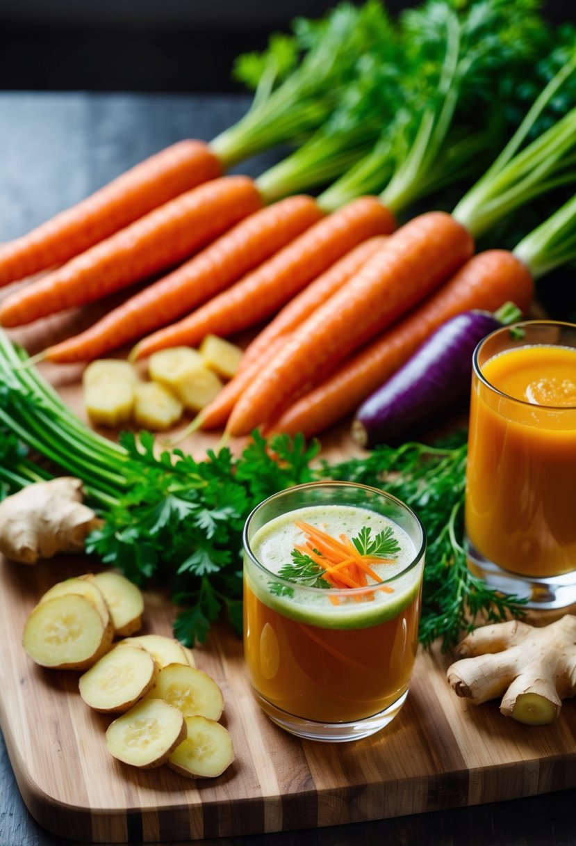 A vibrant assortment of fresh carrots, ginger, and other vegetables arranged on a wooden cutting board, with a glass of zesty carrot and ginger tonic juice placed next to it